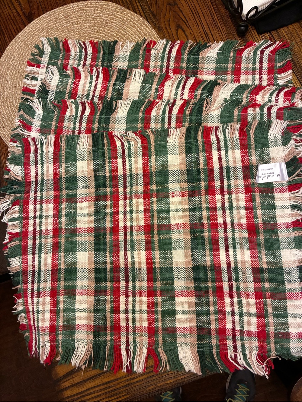St. Nicholas Square Red, Green, Cream Plaid Place Mats Set of 4 NWOT!